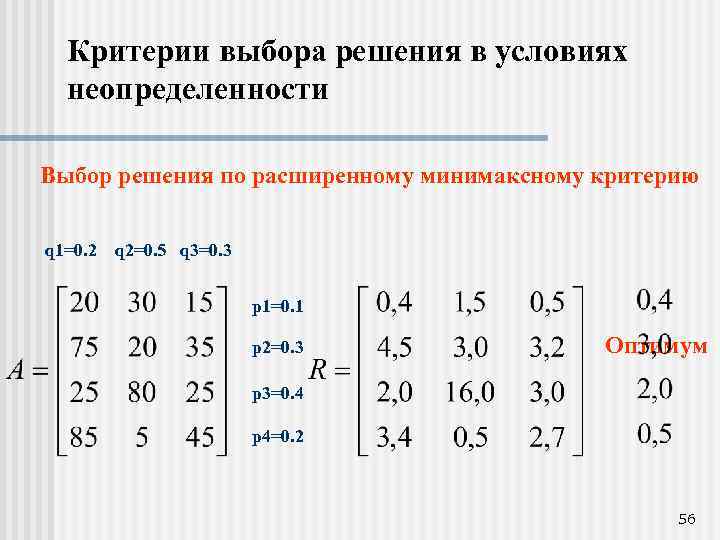 Критерии выбора решения в условиях неопределенности Выбор решения по расширенному минимаксному критерию q 1=0.