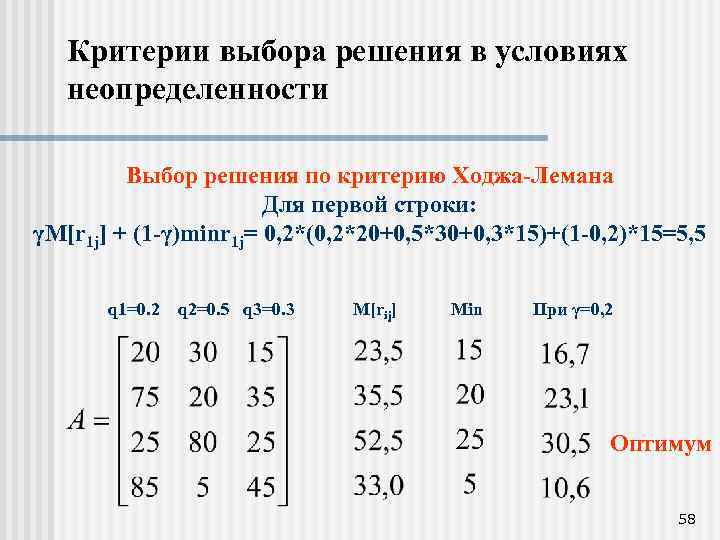 Критерии выбора решения в условиях неопределенности Выбор решения по критерию Ходжа-Лемана Для первой строки: