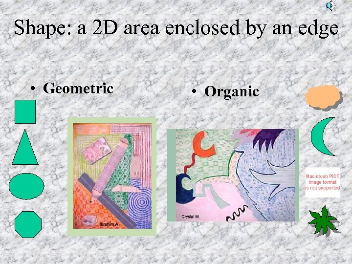 Shape: a 2 D area enclosed by an edge • Geometric • Organic 