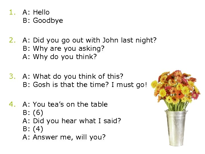 1. A: Hello B: Goodbye 2. A: Did you go out with John last