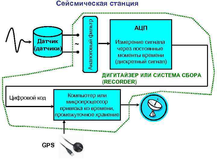 Датчик (датчики) ~ Аналоговый фильтр Сейсмическая станция АЦП Измерение сигнала через постоянные моменты времени