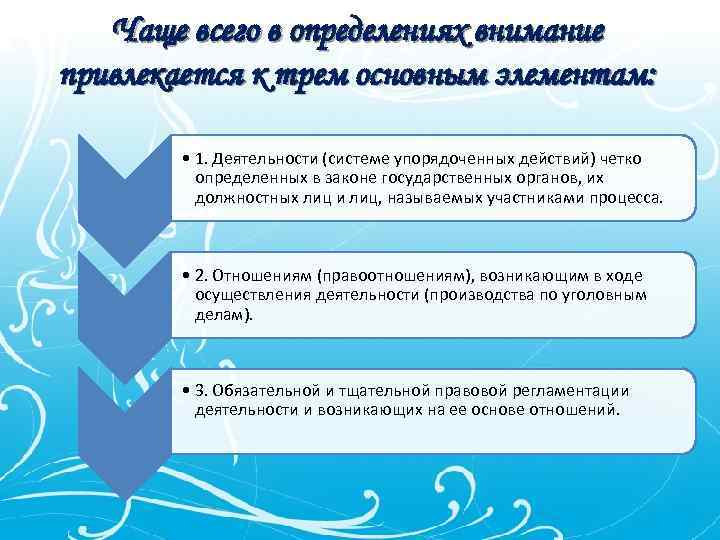 Чаще всего в определениях внимание привлекается к трем основным элементам: • 1. Деятельности (системе