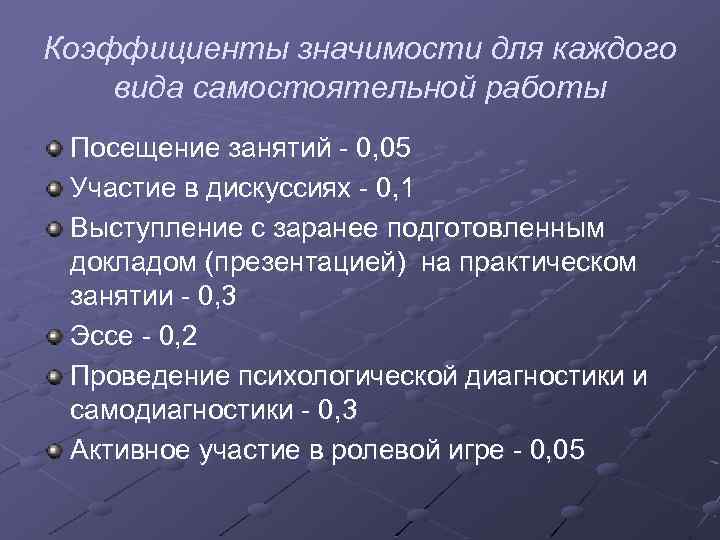 Коэффициенты значимости для каждого вида самостоятельной работы Посещение занятий - 0, 05 Участие в