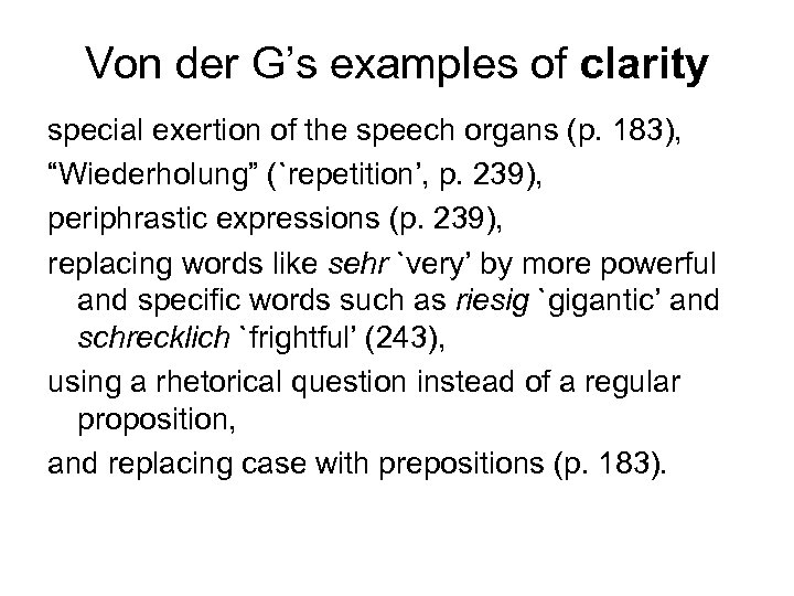 Von der G’s examples of clarity special exertion of the speech organs (p. 183),