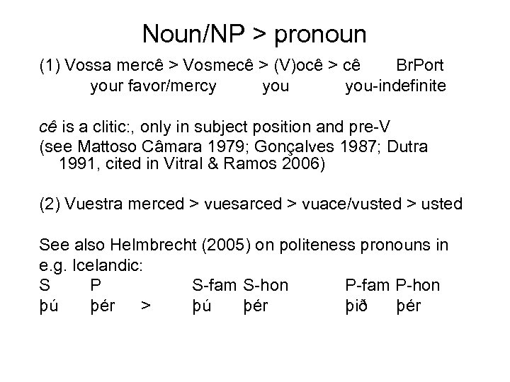 Noun/NP > pronoun (1) Vossa mercê > Vosmecê > (V)ocê > cê Br. Port