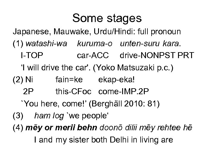 Some stages Japanese, Mauwake, Urdu/Hindi: full pronoun (1) watashi-wa kuruma-o unten-suru kara. I-TOP car-ACC