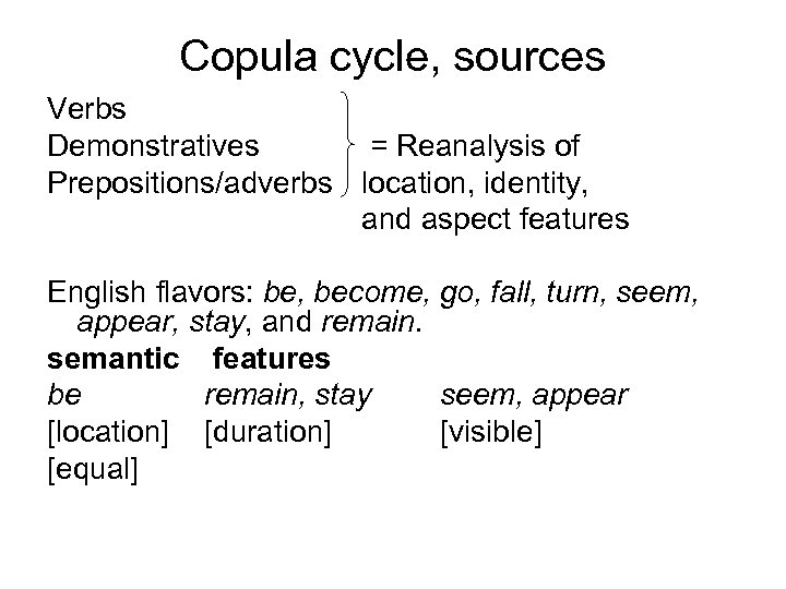 Copula cycle, sources Verbs Demonstratives = Reanalysis of Prepositions/adverbs location, identity, and aspect features