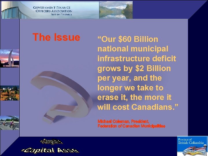 The Issue “Our $60 Billion national municipal infrastructure deficit grows by $2 Billion per