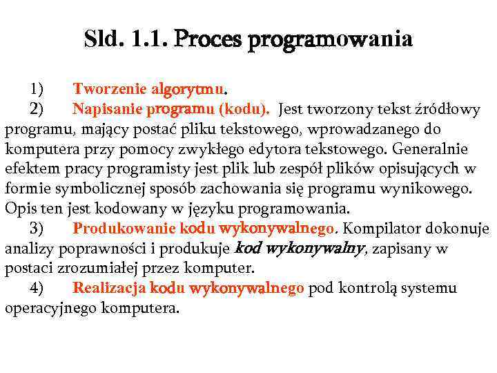 Sld. 1. 1. Proces programowania 1) Tworzenie algorytmu. 2) Napisanie programu (kodu). Jest tworzony