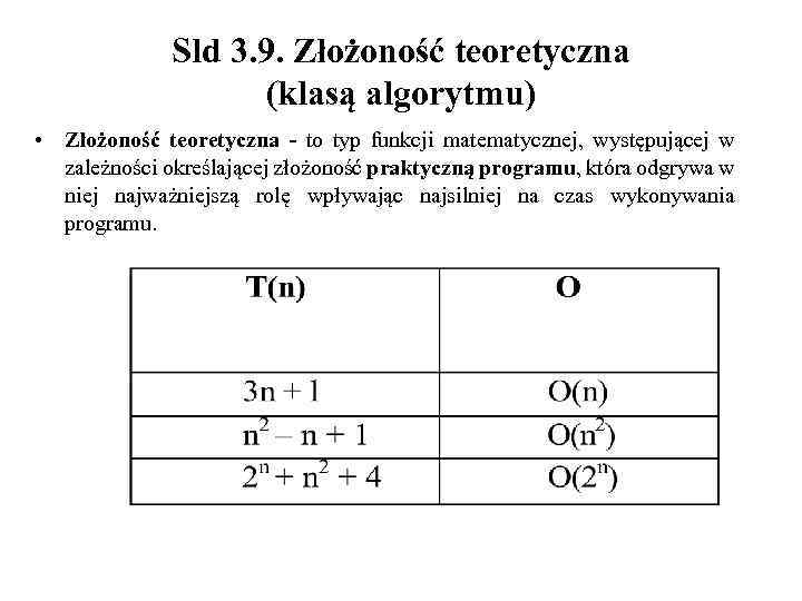 Sld 3. 9. Złożoność teoretyczna (klasą algorytmu) • Złożoność teoretyczna - to typ funkcji