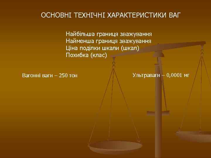 ОСНОВНІ ТЕХНІЧНІ ХАРАКТЕРИСТИКИ ВАГ Найбільша границя зважування Найменша границя зважування Ціна поділки шкали (шкал)