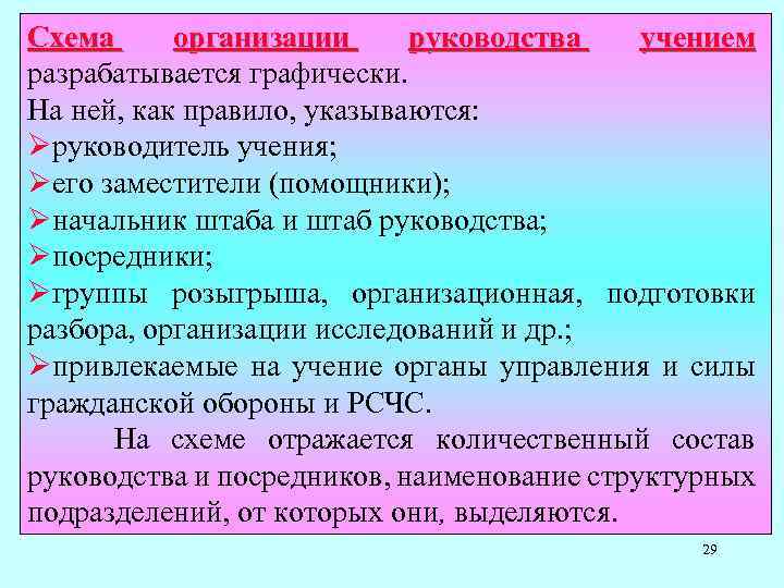 Схема организации руководства учением разрабатывается графически. На ней, как правило, указываются: Øруководитель учения; Øего