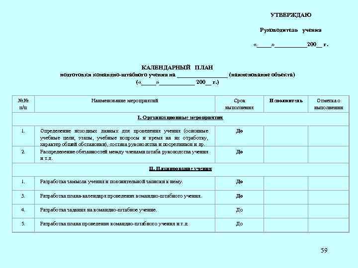 УТВЕРЖДАЮ Руководитель учения «_____» ______200__ г. КАЛЕНДАРНЫЙ ПЛАН подготовки командно-штабного учения на _________ (наименование