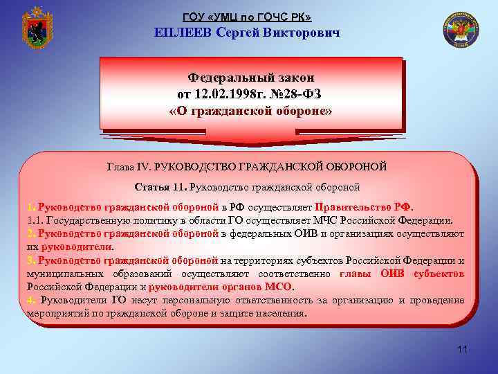 ГОУ «УМЦ по ГОЧС РК» ЕПЛЕЕВ Сергей Викторович Федеральный закон от 12. 02. 1998