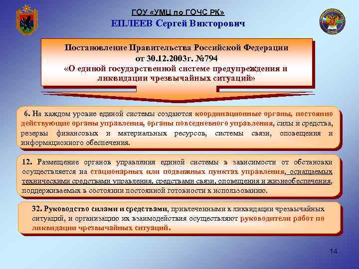 ГОУ «УМЦ по ГОЧС РК» ЕПЛЕЕВ Сергей Викторович Постановление Правительства Российской Федерации от 30.