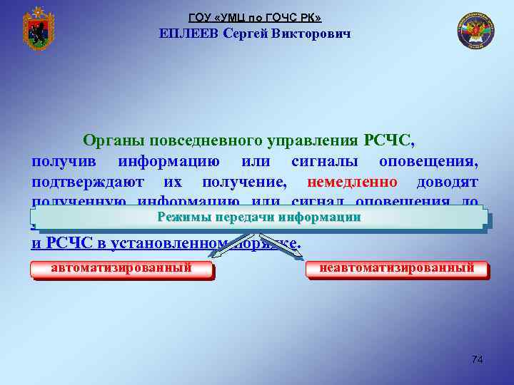 ГОУ «УМЦ по ГОЧС РК» ЕПЛЕЕВ Сергей Викторович Органы повседневного управления РСЧС, получив информацию