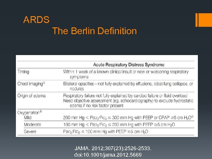 ARDS The Berlin Definition JAMA. 2012; 307(23): 2526 -2533. doi: 10. 1001/jama. 2012. 5669