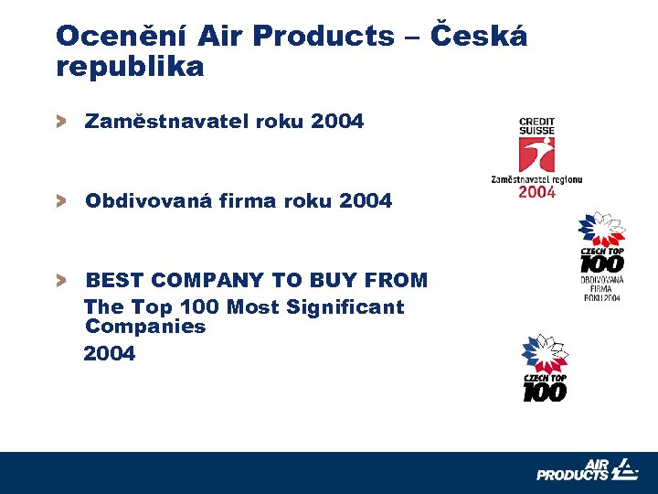 Ocenění Air Products – Česká republika > Zaměstnavatel roku 2004 > Obdivovaná firma roku