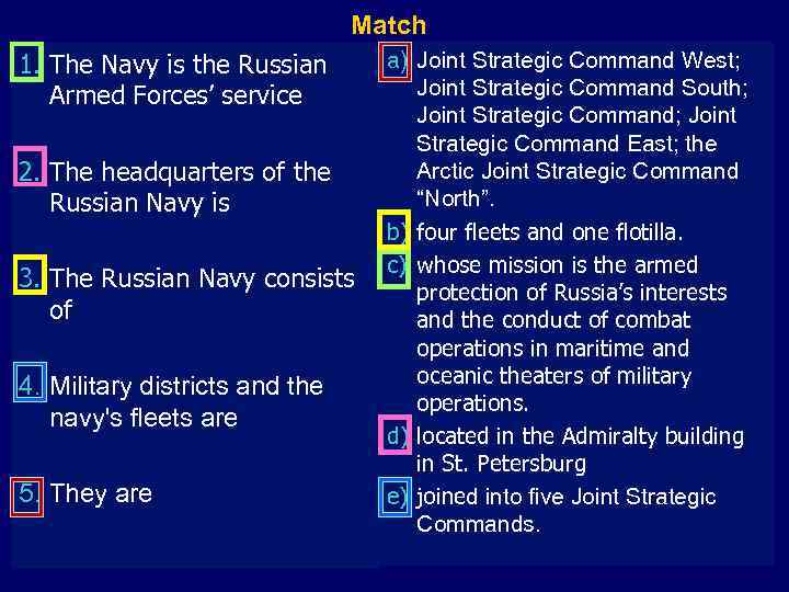 Match 1. The Navy is the Russian Armed Forces’ service 2. The headquarters of