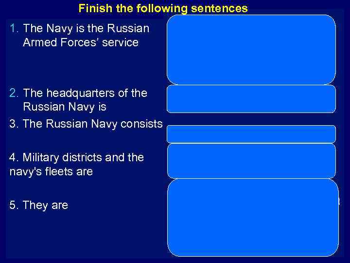 Finish the following sentences 1. The Navy is the Russian Armed Forces’ service a)