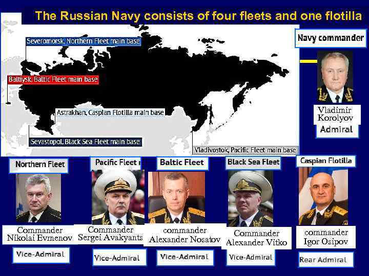 The Russian Navy consists of four fleets and one flotilla Vladimir Korolyov Commander commander