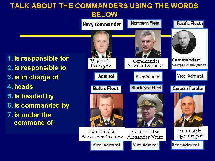 TALK ABOUT THE COMMANDERS USING THE WORDS BELOW 1. is responsible for 2. is