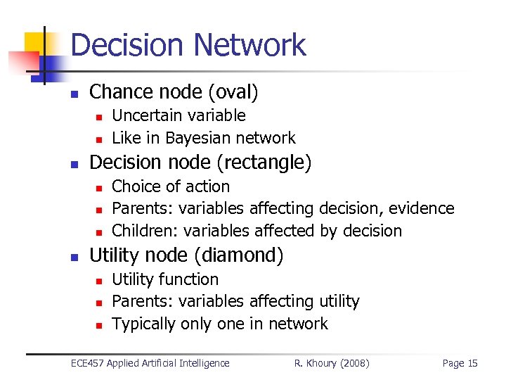 Decision Network n Chance node (oval) n n n Decision node (rectangle) n n