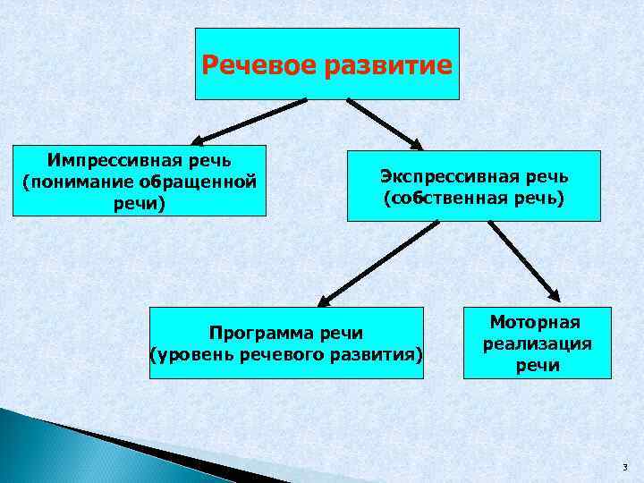 Речевое развитие Импрессивная речь (понимание обращенной речи) Экспрессивная речь (собственная речь) Программа речи (уровень