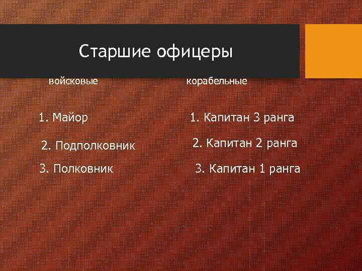 Старшие офицеры войсковые корабельные 1. Майор 1. Капитан 3 ранга 2. Подполковник 2. Капитан