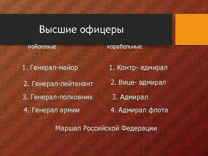 Высшие офицеры войсковые корабельные 1. Генерал-майор 1. Контр- адмирал 2. Генерал-лейтенант 2. Вице- адмирал