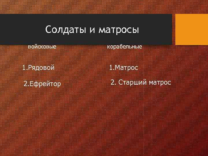 Солдаты и матросы войсковые корабельные 1. Рядовой 1. Матрос 2. Ефрейтор 2. Старший матрос