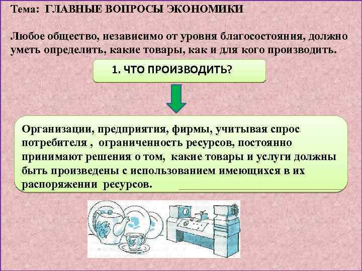 Тема: ГЛАВНЫЕ ВОПРОСЫ ЭКОНОМИКИ Любое общество, независимо от уровня благосостояния, должно уметь определить, какие