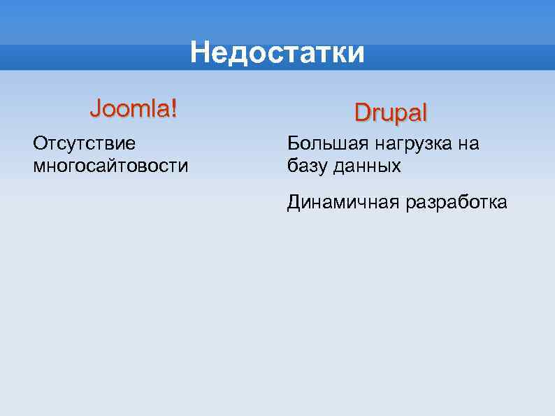 Недостатки Joomla! Отсутствие многосайтовости Drupal Большая нагрузка на базу данных Динамичная разработка 