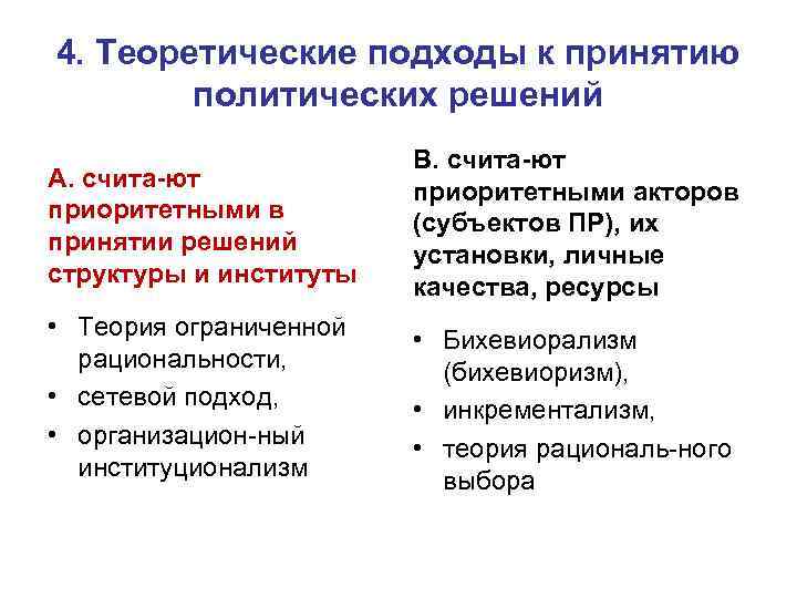 4. Теоретические подходы к принятию политических решений А. счита ют приоритетными в принятии решений