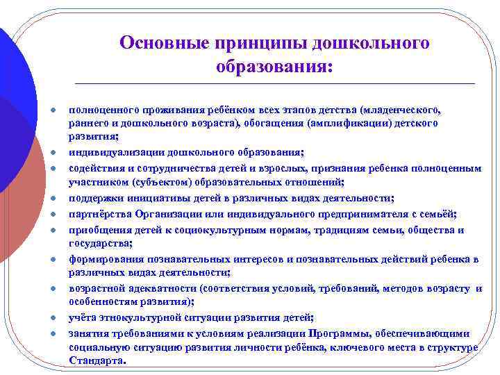 Основные принципы дошкольного образования: l l l l l полноценного проживания ребёнком всех этапов