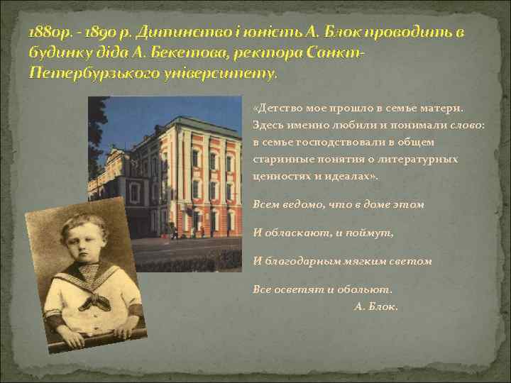 1880 р. - 1890 р. Дитинство і юність А. Блок проводить в будинку діда