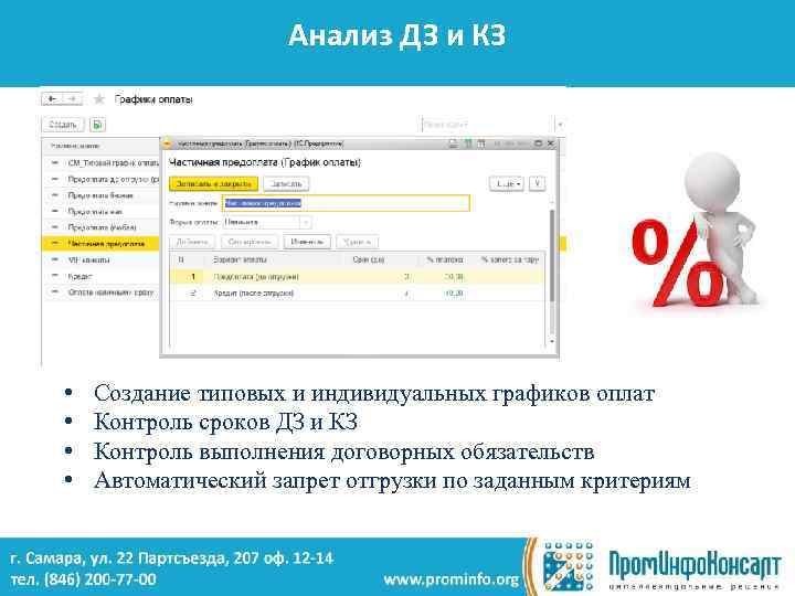 Анализ ДЗ и КЗ • • Создание типовых и индивидуальных графиков оплат Контроль сроков