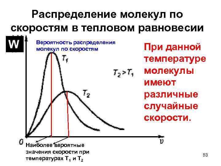 Распределение молекул по скоростям в тепловом равновесии W Вероятность распределения молекул по скоростям Наиболее