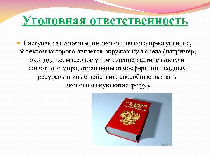 Уголовная ответственность человека. Уголовная ответственность за экологические правонарушения. Уголовная экологическая ответственность. Ответственность за экологические правонарушения презентация. Уголовно-правовая ответственность за экологические преступления.