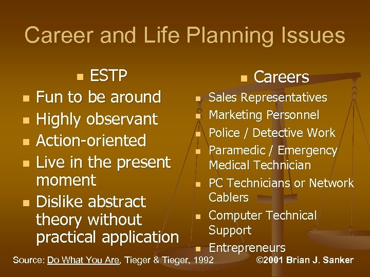 Career and Life Planning Issues ESTP Fun to be around Highly observant Action-oriented Live