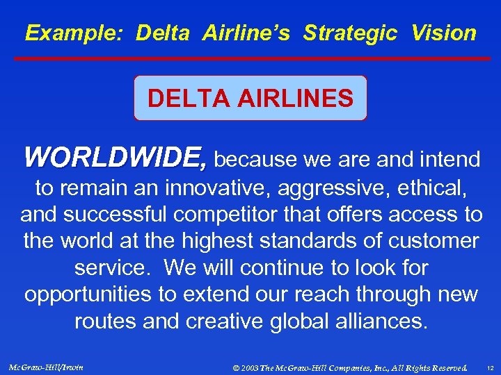 Example: Delta Airline’s Strategic Vision DELTA AIRLINES WORLDWIDE, because we are and intend to