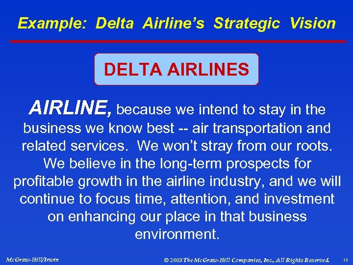 Example: Delta Airline’s Strategic Vision DELTA AIRLINES AIRLINE, because we intend to stay in