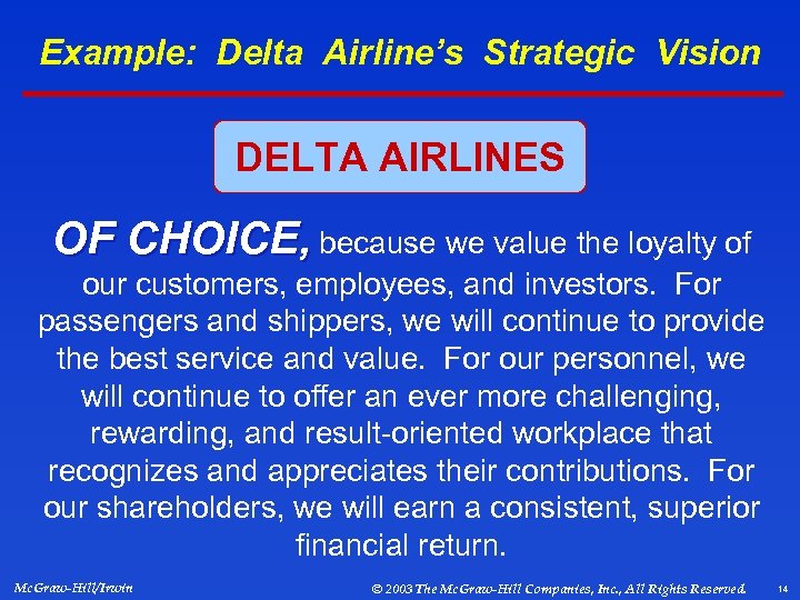 Example: Delta Airline’s Strategic Vision DELTA AIRLINES OF CHOICE, because we value the loyalty