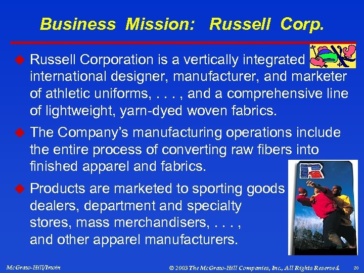Business Mission: Russell Corp. u Russell Corporation is a vertically integrated international designer, manufacturer,