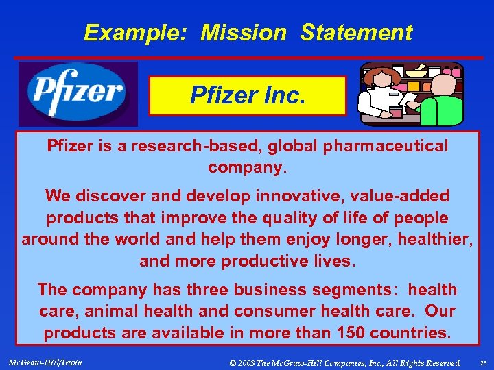 Example: Mission Statement Pfizer Inc. Pfizer is a research-based, global pharmaceutical company. We discover