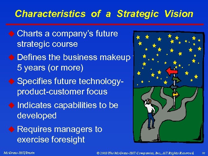 Characteristics of a Strategic Vision u Charts a company’s future strategic course u Defines