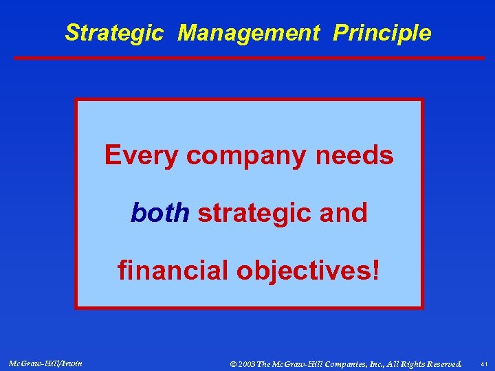 Strategic Management Principle Every company needs both strategic and financial objectives! Mc. Graw-Hill/Irwin ©