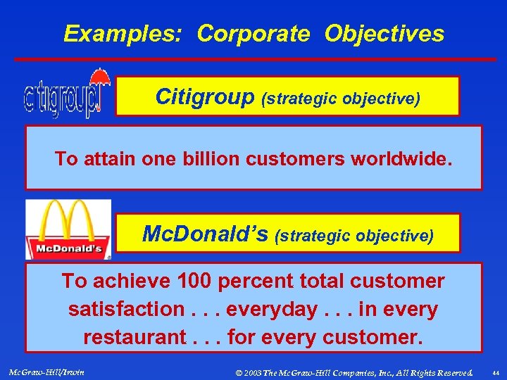 Examples: Corporate Objectives Citigroup (strategic objective) To attain one billion customers worldwide. Mc. Donald’s