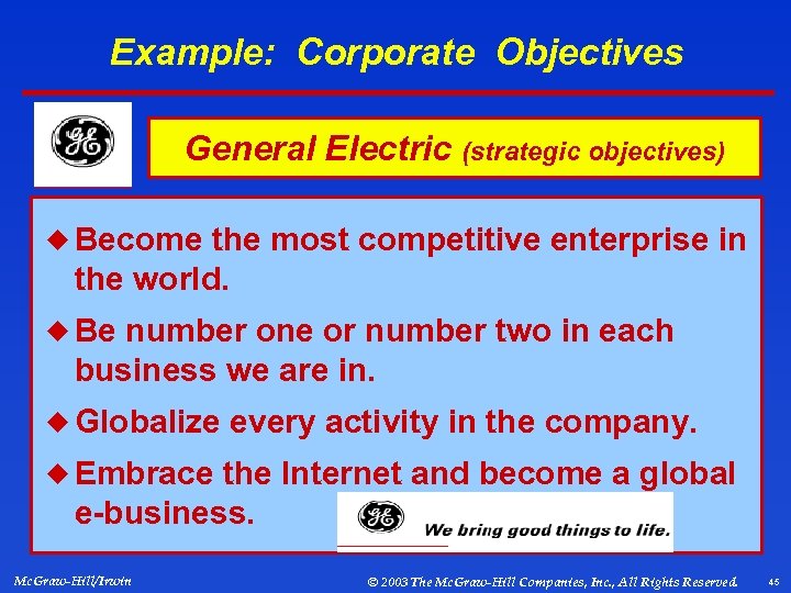 Example: Corporate Objectives General Electric (strategic objectives) ¿ Become the most competitive enterprise in