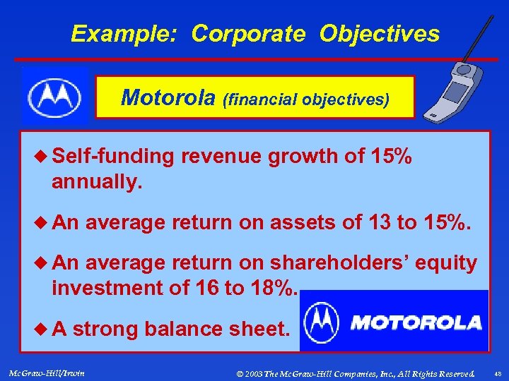 Example: Corporate Objectives Motorola (financial objectives) ¿ Self-funding revenue growth of 15% annually. ¿